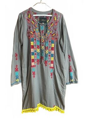 Biya by Johnny Was gray gauzy heavily embroidered dress medium
